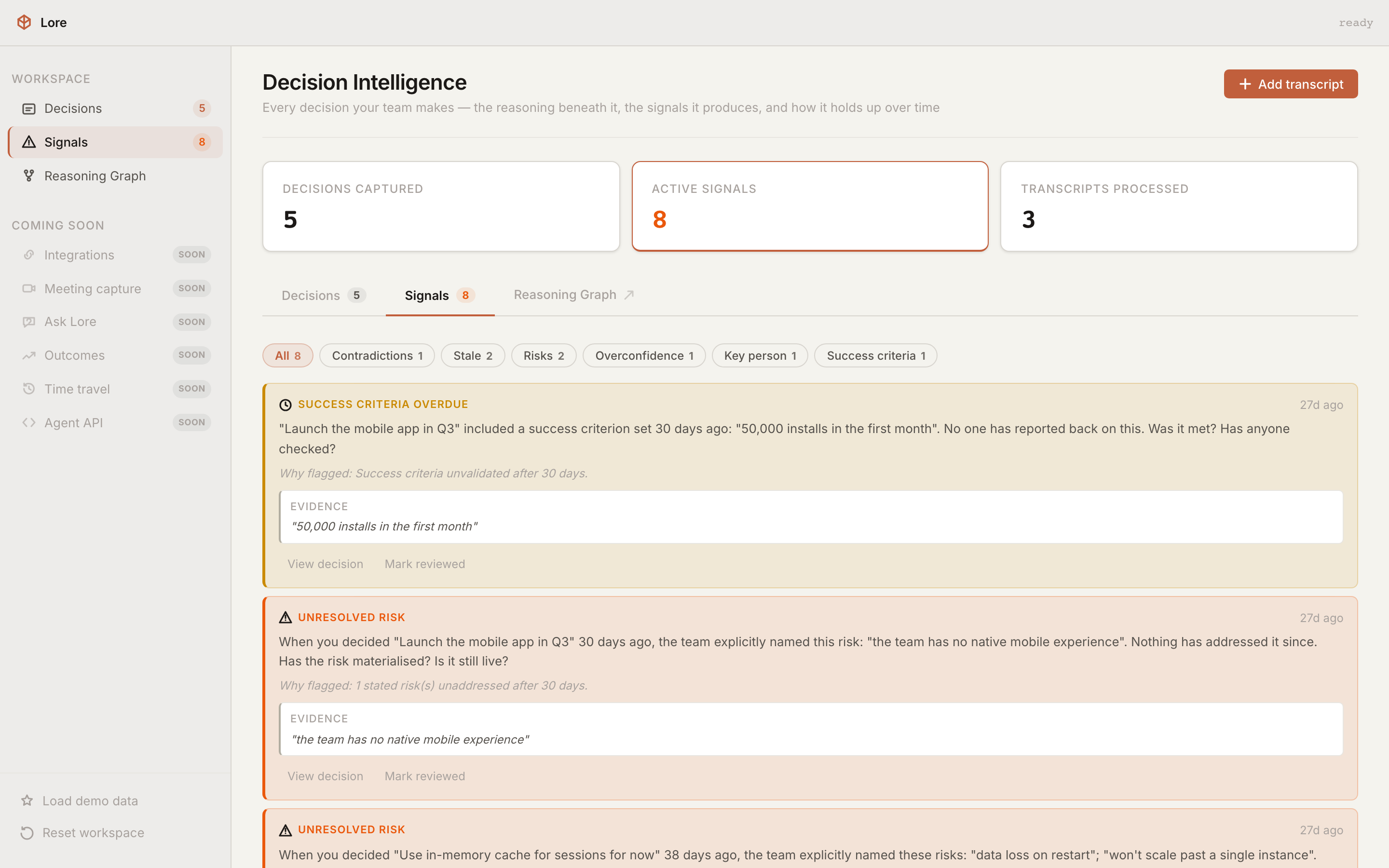 Lore's Signals surface: warnings grouped by type, each quoting the evidence that triggered it