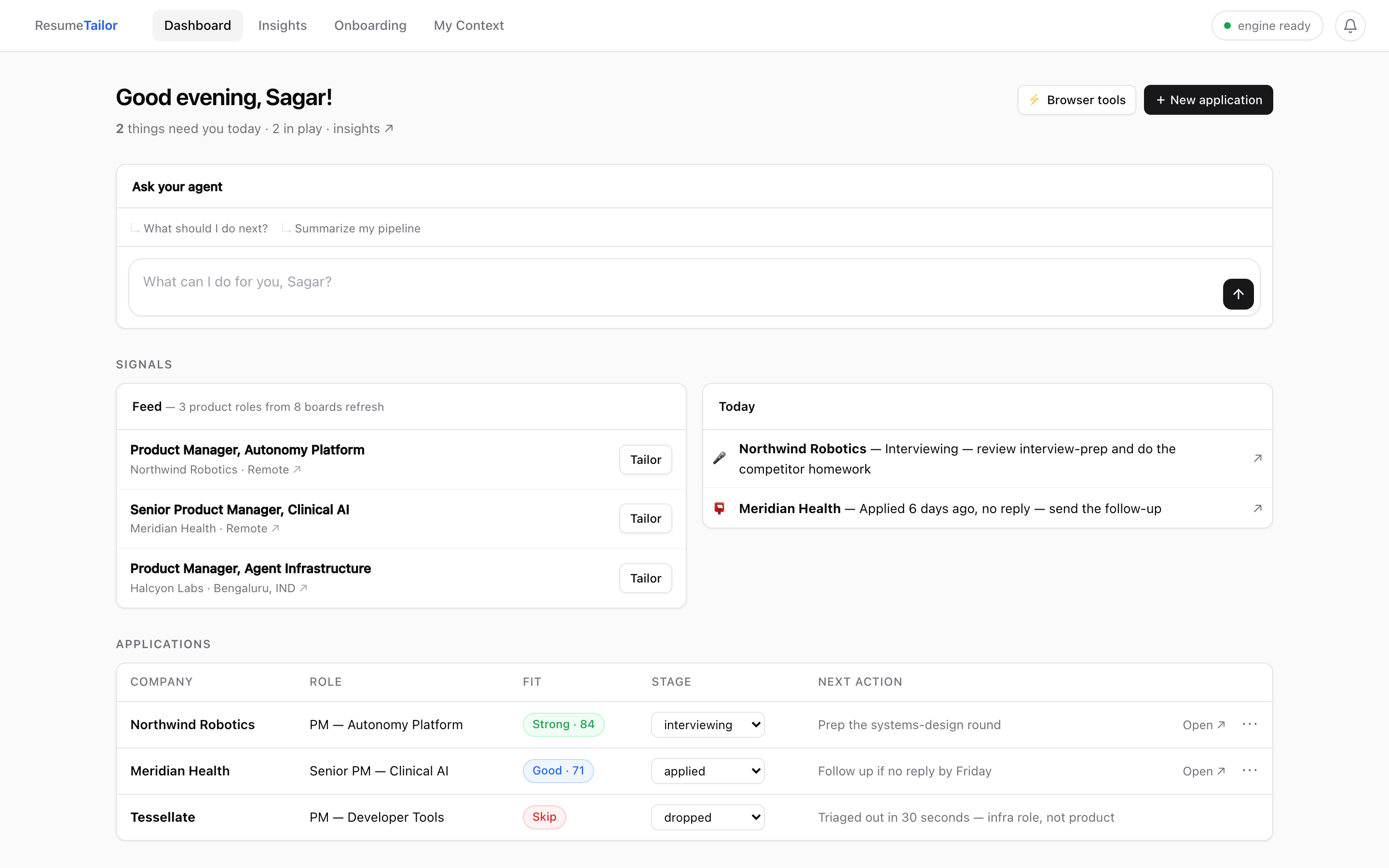 ResumeTailor dashboard: a job feed, today's actions, and an applications table showing fit scores and pipeline stage